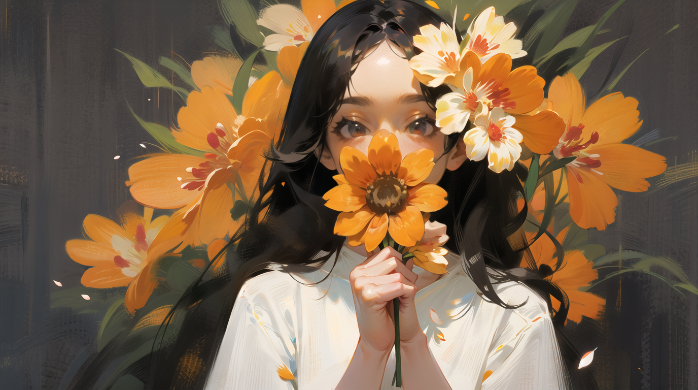 01448-3141048675-1girl, solo, flower, long hair, black hair, holding, looking at viewer, upper body, hand up, holding flower, covering mouth, ora.png
